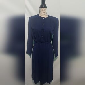 Vintage 80s Leslie Fay Blue Pleated Dress. Size 6 Petite. School teacher.